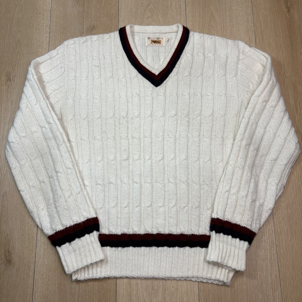 Vintage Robert Bruce Tennis Club Cable Sweater Cream V-Neck Striped Medium 20